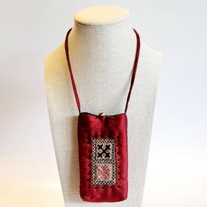 Pouch, Silk Crossbody with Silver Button Closure and Embroidered Detail F…